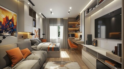 Fototapeta premium room in contemporary style for 2 boys, which demonstrates a cozy and functional design of the room, The interior is dominated by contemporary elements and neutral tones with bright