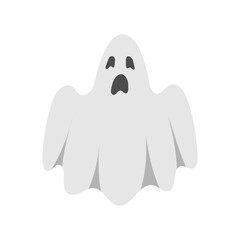 Cute Halloween Ghost. Hand drawn spooky flying spirit. Cartoon funny grey ghost isolated on white background. Vector simple halloween horror character. Creepy Halloween party costume.