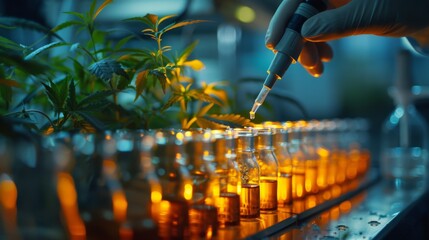 Close-up of a lab technician using a pipette to test cannabis extracts
