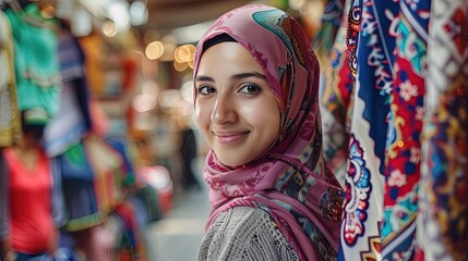 Fototapeta premium Smiling Muslim woman shopping at a vibrant Middle Eastern market. Joyful Arab woman enjoying her shopping experience in a bazaar.