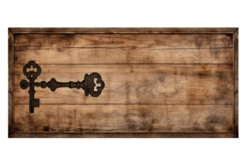 Unlocking Secrets: Wooden Sign With Key on White or PNG Transparent Background.