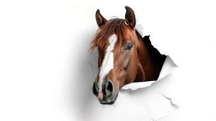 Playful horse peeking through ripped paper, curious horse observation. Torn paper texture, ripped paper effect, white background for customization.