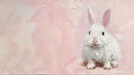 Obraz premium White rabbit soft pink background - oil painting with copy space