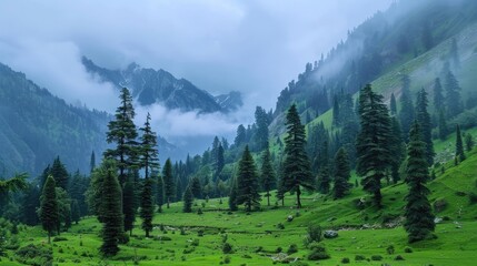 Evergreen trees dotting verdant mountains