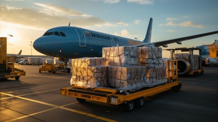 Loading of goods on board a cargo plane, airport. Business logistic concept, import and export concept