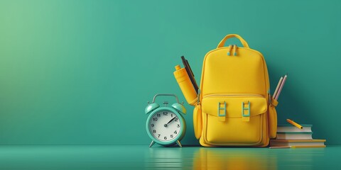 Yellow Backpack with School Essentials and Clock