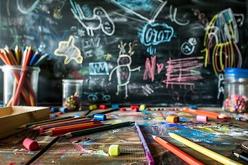 an artist's workshop with a rustic wooden table covered in scattered colored pencils and crayons.