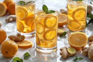 Fototapeta premium Lemon ginger detox drink in a tall glass with lemon slices and ginger slices, revitalizing, isolated on a white background