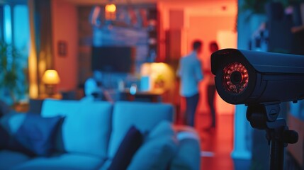 hacker wathich on spy camera in a nice house, people behind