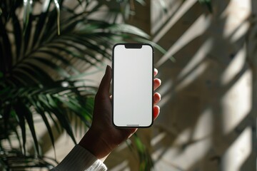 hand holding iphone 15 pro mockup with white screen, minimalistic editorial aesthetic