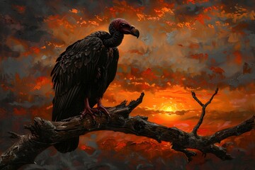 Fototapeta premium Majestic Vulture Perched Amid Dramatic Sunset Landscape in Oil Painting Style