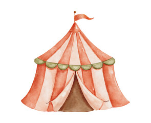 Watercolor circus red tent with flag. Hand drawn isolated baby illustration for children.