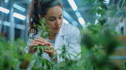 Obraz premium Close-up of a woman in a white lab coat adjusting the leaves of a hemp plant, with a high-tech greenhouse and irrigation systems visible behind her