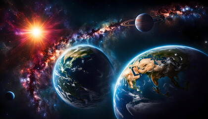 zwei Planeten Erde die auseinander erwachsen, zweiter Erdball, Planet 2, globale Krise vor bunt leuchtendem Universum, Umweltschutz und Zerstörung, neben Neugeburt Symbol der Hoffnung