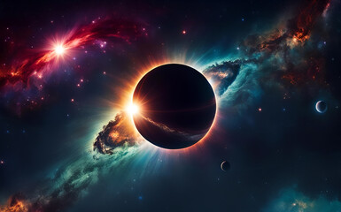 Obraz premium Eklipse gelb orange wie Feuer strahlend hinter ein fernen Sonne, wie eine Explosion im Weltall ferner Galaxien bunt leuchtend mit Planeten und Monden als Hintergrund Vorlage dynamischer Entwicklung