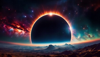 Eklipse gelb orange wie Feuer strahlend hinter ein fernen Sonne, wie eine Explosion im Weltall ferner Galaxien bunt leuchtend mit Planeten und Monden als Hintergrund Vorlage dynamischer Entwicklung