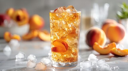 Peach slices float atop peach iced tea in a tall glass with ice cubes, set against a white background