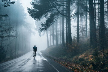 Cyclist riding through a misty forest on a foggy day
