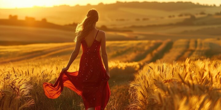 woman in red dress walking through wheets field