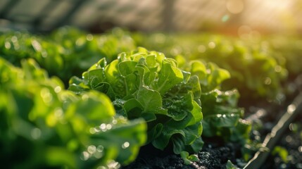 Close-up of fresh organic lettuce growing in a greenhouse