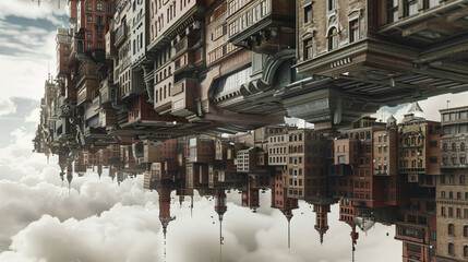 Surreal image of a cityscape with inverted gravity, buildings hanging downwards, fantastical and curious
