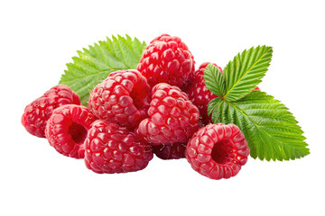 stack of fresh raspberries with leaves isolated on white or transparent png