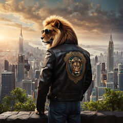 A Lion wearing sunglasses and a leather jacket looking with dignity at the backdrop of a big city...