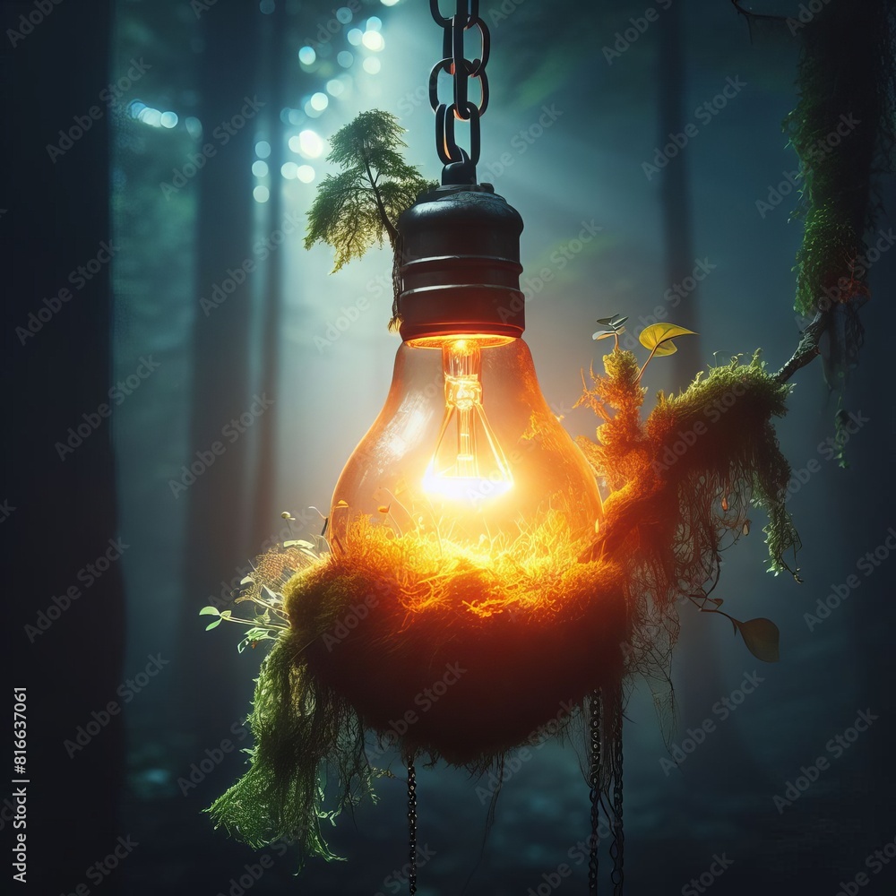 Poster A surreal image of a lightbulb with a nest and foliage hanging in a mystical forest.. AI Generation