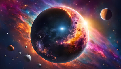 Planeten Monde Sonne Sterne in bunt leuchtenden Galaxien ferner Welten Weltall All Kosmos, Phänomene des Universum, kosmische Stürme, Flammen Feuer und Energie unendlicher Weiten, Hintergrund Vorlage