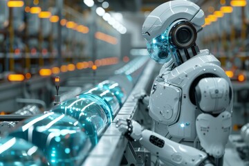 Fototapeta premium Robot at drinking water bottling plant, selective focus