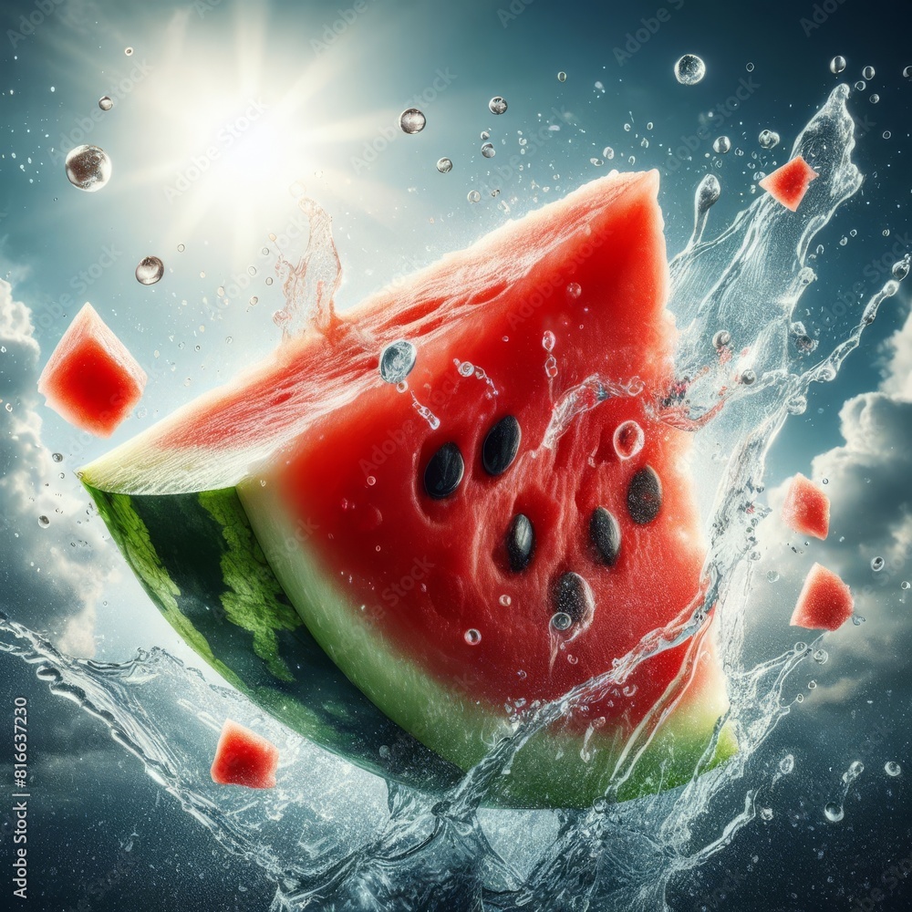 Poster dynamic image of a watermelon slice splashing in water, with vibrant red and green colors against a 