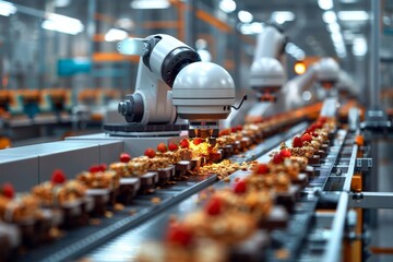 Obraz premium Robotic arm in the production of sweets and cookies, confectionery factory, linear conveyor, selective focus.