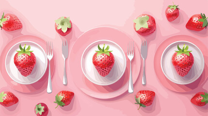 Plates with cups forks and fresh strawberry on pink background