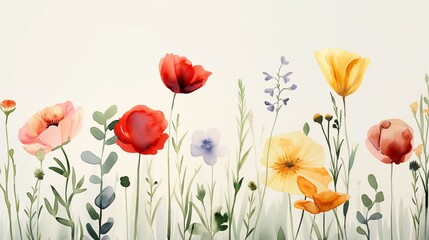 Fototapeta premium Wildflowers watercolor hand painting style on white canvas