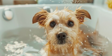 wet cute dog in bathing tube