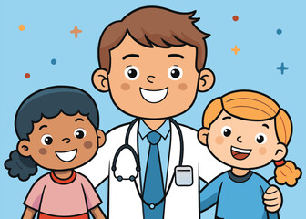 Doctor and kids.Children Clinging on to a Pediatrician.Boy and Girl Be happy Around the smart doctor