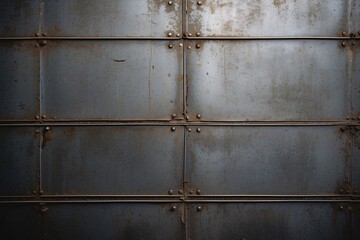 The image shows an aged and weathered metal wall with a pattern of rivets and panels, exhibiting a rusty, industrial look