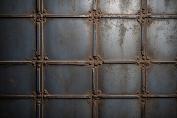 The image displays a metal wall detail with visible rust and bolted grid patterns, emphasizing its grungy look