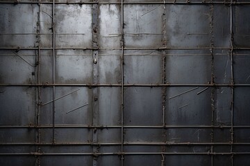 Detailed view of a rusted metal grid with crisscrossing reinforced steel bars and a strong industrial aesthetic