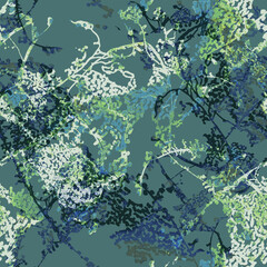 Forest biome ecosystem abstract seamless texture in calm green halftones. Nature pattern for textile, wallpaper, wall panel, bedding, outhwear, organic package. High quality illustration