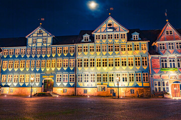 Illuminated night cityscape of Wolfenbuttel town. Germany style facade of the authentic fahverk houses. Wolfenbuttel, Germany, Europe. Architectural background. Travel the world..
