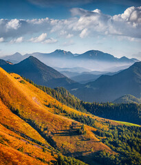 Colorful autumn view of Pishkonya peak, Colochava outskirts location, Ukraine. Superb morning scene...