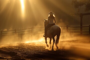 Obraz premium A person riding a horse in a dusty corral.