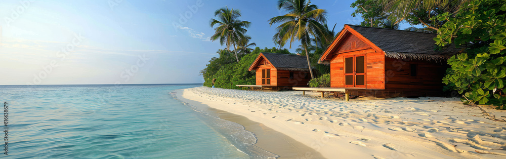 Wall mural Two houses stand on a sandy beach overlooking the ocean under a clear sky