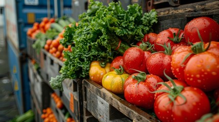Close-up of organic vegetables being loaded onto an export container ship