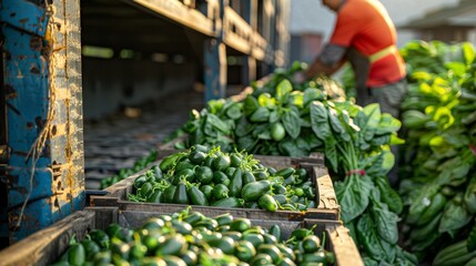 Close-up of organic vegetables being loaded onto an export cargo plane