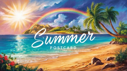 3D render illustration of a colorful summer banner, decorated with beach elements such as palm trees, sun umbrellas, and beach balls.