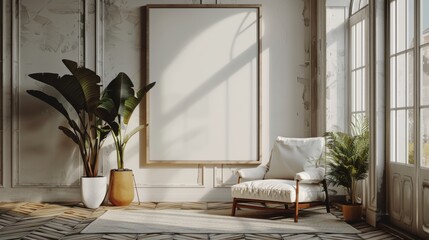 Modern minimalistic living room in a mix of bohemian, scandinavian, nordic and baroque style. Mockup with a wall frame poster background. Interior design inspiration for a magazine, decoration concept
