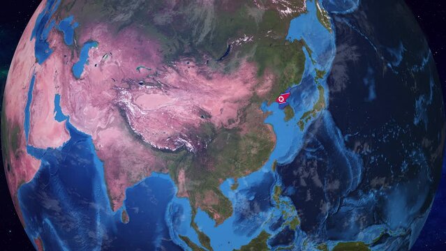 Realistic 3D Animation of Earth zooming in to  North Korea with its border highlighted with its National Flag in 4K