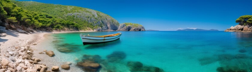 Small boat anchored in a beautiful bay with crystal clear water.
